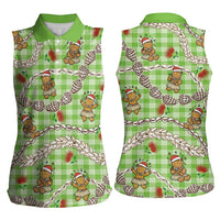 Green Palaka Hawaii Mele Kalikimaka Women Sleeveless Polo Shirt Ohia Lehua Shell Leis Funny Gingerbread Santa LT14 - Polynesian Pride