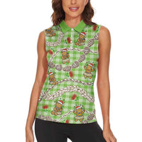 Green Palaka Hawaii Mele Kalikimaka Women Sleeveless Polo Shirt Ohia Lehua Shell Leis Funny Gingerbread Santa LT14 - Polynesian Pride