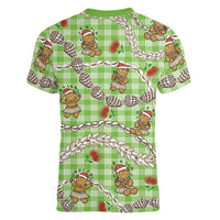 Green Palaka Hawaii Mele Kalikimaka Women V-Neck T-Shirt Ohia Lehua Shell Leis Funny Gingerbread Santa LT14 - Polynesian Pride