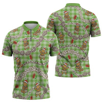 Green Palaka Hawaii Mele Kalikimaka Zipper Polo Shirt Ohia Lehua Shell Leis Funny Gingerbread Santa - Polynesian Pride