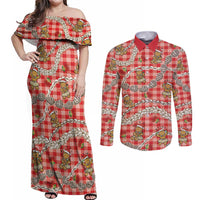 Red Palaka Hawaii Mele Kalikimaka Couples Matching Off Shoulder Maxi Dress and Long Sleeve Button Shirt Ohia Lehua Shell Leis Funny Gingerbread Santa - Polynesian Pride