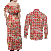 Red Palaka Hawaii Mele Kalikimaka Couples Matching Off Shoulder Maxi Dress and Long Sleeve Button Shirt Ohia Lehua Shell Leis Funny Gingerbread Santa - Polynesian Pride