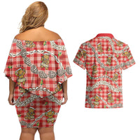 Red Palaka Hawaii Mele Kalikimaka Couples Matching Off Shoulder Short Dress and Hawaiian Shirt Ohia Lehua Shell Leis Funny Gingerbread Santa LT14 - Polynesian Pride