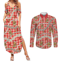 Red Palaka Hawaii Mele Kalikimaka Couples Matching Summer Maxi Dress and Long Sleeve Button Shirt Ohia Lehua Shell Leis Funny Gingerbread Santa - Polynesian Pride