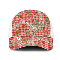 Red Palaka Hawaii Mele Kalikimaka Mesh Trucker Cap Ohia Lehua Shell Leis Funny Gingerbread Santa - Polynesian Pride