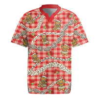 Red Palaka Hawaii Mele Kalikimaka Rugby Jersey Ohia Lehua Shell Leis Funny Gingerbread Santa - Polynesian Pride