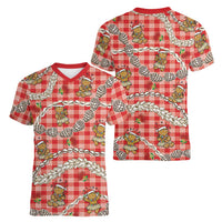 Red Palaka Hawaii Mele Kalikimaka Women V-Neck T-Shirt Ohia Lehua Shell Leis Funny Gingerbread Santa - Polynesian Pride