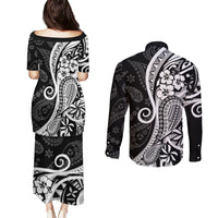 Black Polynesia Paisley Couples Matching Puletasi Dress and Long Sleeve Button Shirt Polynesian With Tropical Flowers LT14 - Polynesian Pride