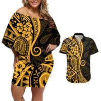 Gold Polynesia Paisley Couples Matching Off Shoulder Short Dress and Hawaiian Shirt Polynesian With Tropical Flowers LT14 Gold - Polynesian Pride