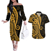 Gold Polynesia Paisley Couples Matching Off The Shoulder Long Sleeve Dress and Hawaiian Shirt Polynesian With Tropical Flowers LT14 Gold - Polynesian Pride