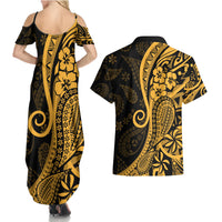 Gold Polynesia Paisley Couples Matching Summer Maxi Dress and Hawaiian Shirt Polynesian With Tropical Flowers LT14 - Polynesian Pride