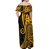 Gold Polynesia Paisley Family Matching Off Shoulder Maxi Dress and Hawaiian Shirt Polynesian With Tropical Flowers LT14 - Polynesian Pride