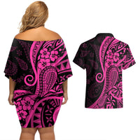 Pink Polynesia Paisley Couples Matching Off Shoulder Short Dress and Hawaiian Shirt Polynesian With Tropical Flowers LT14 - Polynesian Pride
