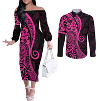 Pink Polynesia Paisley Couples Matching Off The Shoulder Long Sleeve Dress and Long Sleeve Button Shirt Polynesian With Tropical Flowers LT14 Pink - Polynesian Pride