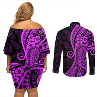 Polynesia Paisley Couples Matching Off Shoulder Short Dress and Long Sleeve Button Shirt Polynesian With Tropical Flowers - Purple LT14 - Polynesian Pride