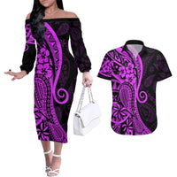 Polynesia Paisley Couples Matching Off The Shoulder Long Sleeve Dress and Hawaiian Shirt Polynesian With Tropical Flowers - Purple LT14 Purple - Polynesian Pride
