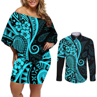 Polynesia Paisley Couples Matching Off Shoulder Short Dress and Long Sleeve Button Shirt Polynesian With Tropical Flowers - Turquoise LT14 Turquoise - Polynesian Pride