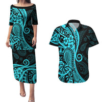 Polynesia Paisley Couples Matching Puletasi Dress and Hawaiian Shirt Polynesian With Tropical Flowers - Turquoise LT14 Turquoise - Polynesian Pride