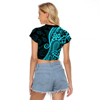Polynesia Paisley Raglan Cropped T Shirt Polynesian With Tropical Flowers - Turquoise LT14 - Polynesian Pride