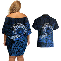 Talofa Samoa Couples Matching Off Shoulder Short Dress and Hawaiian Shirt Samoan Kava Bowl Siapo Pattern - Blue LT14 - Polynesian Pride
