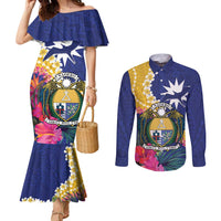 Nauru Independence Day Couples Matching Mermaid Dress and Long Sleeve Button Shirt Coat Of Arms With Tropical Flowers LT14 Blue - Polynesian Pride