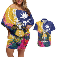 Nauru Independence Day Couples Matching Off Shoulder Short Dress and Hawaiian Shirt Coat Of Arms With Tropical Flowers LT14 Blue - Polynesian Pride