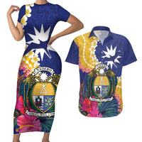 Nauru Independence Day Couples Matching Short Sleeve Bodycon Dress and Hawaiian Shirt Coat Of Arms With Tropical Flowers LT14 Blue - Polynesian Pride