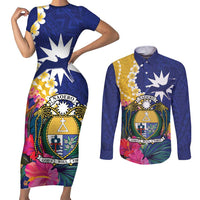 Nauru Independence Day Couples Matching Short Sleeve Bodycon Dress and Long Sleeve Button Shirt Coat Of Arms With Tropical Flowers LT14 Blue - Polynesian Pride