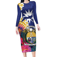 Nauru Independence Day Family Matching Long Sleeve Bodycon Dress and Hawaiian Shirt Coat Of Arms With Tropical Flowers LT14 Mom's Dress Blue - Polynesian Pride