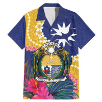Nauru Independence Day Family Matching Mermaid Dress and Hawaiian Shirt Coat Of Arms With Tropical Flowers LT14 Dad's Shirt - Short Sleeve Blue - Polynesian Pride
