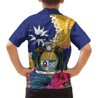 Nauru Independence Day Family Matching Short Sleeve Bodycon Dress and Hawaiian Shirt Coat Of Arms With Tropical Flowers LT14 - Polynesian Pride