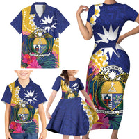 Nauru Independence Day Family Matching Short Sleeve Bodycon Dress and Hawaiian Shirt Coat Of Arms With Tropical Flowers LT14 - Polynesian Pride