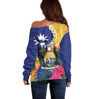 Nauru Independence Day Off Shoulder Sweater Coat Of Arms With Tropical Flowers LT14 - Polynesian Pride