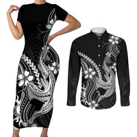 Black Aloha Hawaii Couples Matching Short Sleeve Bodycon Dress and Long Sleeve Button Shirt Polynesian Shark Tattoo With Plumeria - Polynesian Pride