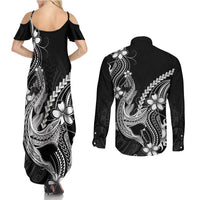 Black Aloha Hawaii Couples Matching Summer Maxi Dress and Long Sleeve Button Shirt Polynesian Shark Tattoo With Plumeria - Polynesian Pride