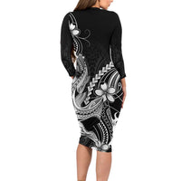 Black Aloha Hawaii Family Matching Long Sleeve Bodycon Dress and Hawaiian Shirt Polynesian Shark Tattoo With Plumeria LT14 - Polynesian Pride