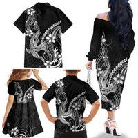 Black Aloha Hawaii Family Matching Off The Shoulder Long Sleeve Dress and Hawaiian Shirt Polynesian Shark Tattoo With Plumeria LT14 - Polynesian Pride