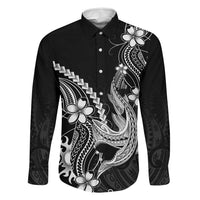 Black Aloha Hawaii Family Matching Off Shoulder Maxi Dress and Hawaiian Shirt Polynesian Shark Tattoo With Plumeria LT14 Dad's Shirt - Long Sleeve Black - Polynesian Pride