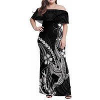 Black Aloha Hawaii Family Matching Off Shoulder Maxi Dress and Hawaiian Shirt Polynesian Shark Tattoo With Plumeria LT14 Mom's Dress Black - Polynesian Pride