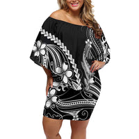 Black Aloha Hawaii Family Matching Off Shoulder Short Dress and Hawaiian Shirt Polynesian Shark Tattoo With Plumeria LT14 Mom's Dress Black - Polynesian Pride