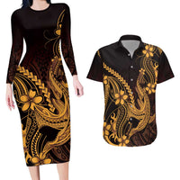 Gold Black Aloha Hawaii Couples Matching Long Sleeve Bodycon Dress and Hawaiian Shirt Polynesian Shark Tattoo With Plumeria LT14 Gold - Polynesian Pride