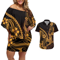 Gold Black Aloha Hawaii Couples Matching Off Shoulder Short Dress and Hawaiian Shirt Polynesian Shark Tattoo With Plumeria LT14 Gold - Polynesian Pride