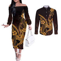 Gold Black Aloha Hawaii Couples Matching Off The Shoulder Long Sleeve Dress and Long Sleeve Button Shirt Polynesian Shark Tattoo With Plumeria LT14 Gold - Polynesian Pride