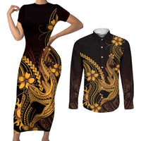 Gold Black Aloha Hawaii Couples Matching Short Sleeve Bodycon Dress and Long Sleeve Button Shirt Polynesian Shark Tattoo With Plumeria LT14 Gold - Polynesian Pride