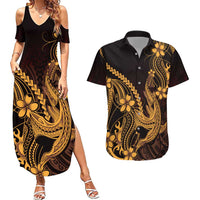 Gold Black Aloha Hawaii Couples Matching Summer Maxi Dress and Hawaiian Shirt Polynesian Shark Tattoo With Plumeria LT14 Gold - Polynesian Pride