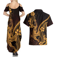 Gold Black Aloha Hawaii Couples Matching Summer Maxi Dress and Hawaiian Shirt Polynesian Shark Tattoo With Plumeria LT14 - Polynesian Pride