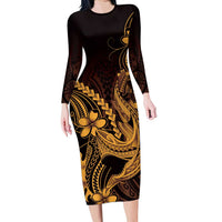 Gold Black Aloha Hawaii Family Matching Long Sleeve Bodycon Dress and Hawaiian Shirt Polynesian Shark Tattoo With Plumeria LT14 Mom's Dress Gold - Polynesian Pride