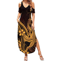 Gold Black Aloha Hawaii Family Matching Summer Maxi Dress and Hawaiian Shirt Polynesian Shark Tattoo With Plumeria LT14 Mom's Dress Gold - Polynesian Pride