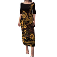 Gold Black Aloha Hawaii Puletasi Polynesian Shark Tattoo With Plumeria - Polynesian Pride