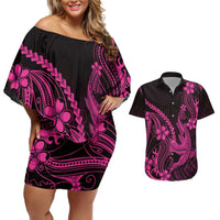 Pink Black Aloha Hawaii Couples Matching Off Shoulder Short Dress and Hawaiian Shirt Polynesian Shark Tattoo With Plumeria LT14 Pink - Polynesian Pride